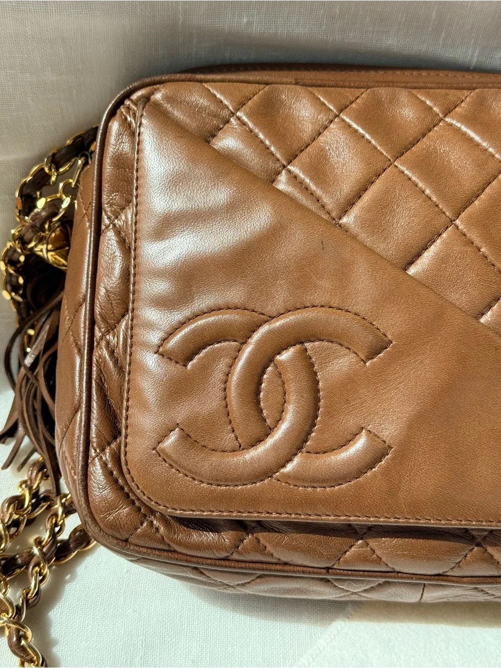 Vintage CHANEL Brown Lambskin Tassel Camera Bag CC Gold Chain 1 Series Rare